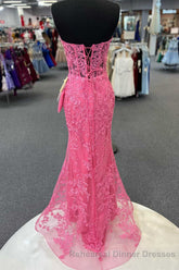 Hot Pink Appliques Strapless Mermaid Long Semi Formal Prom Dress